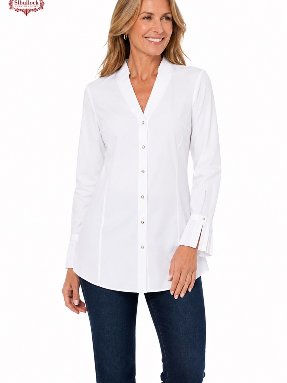 Soft Surroundings White Pleated Ruffle Button Front Tunic Blouse Stretch Cotton
